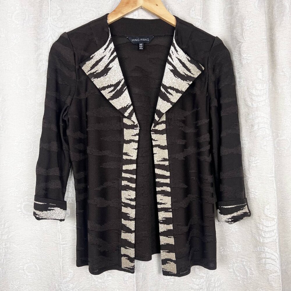 Ming Wang open zebra animal print lightweight jacket brown blazer stretch knit